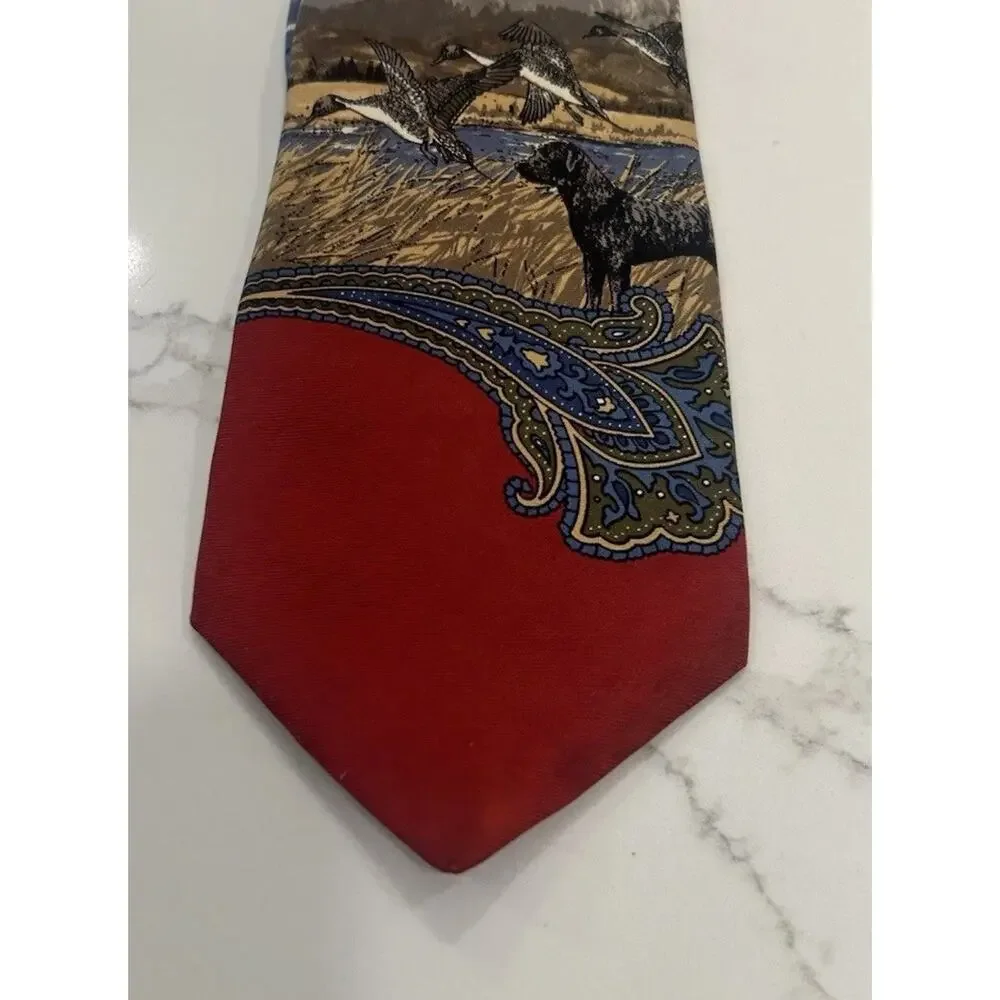 Vtg Ducks Unlimited Men's Red Silk Tie 3.75” Pintail Duck‎ Birddog Hunting Scene